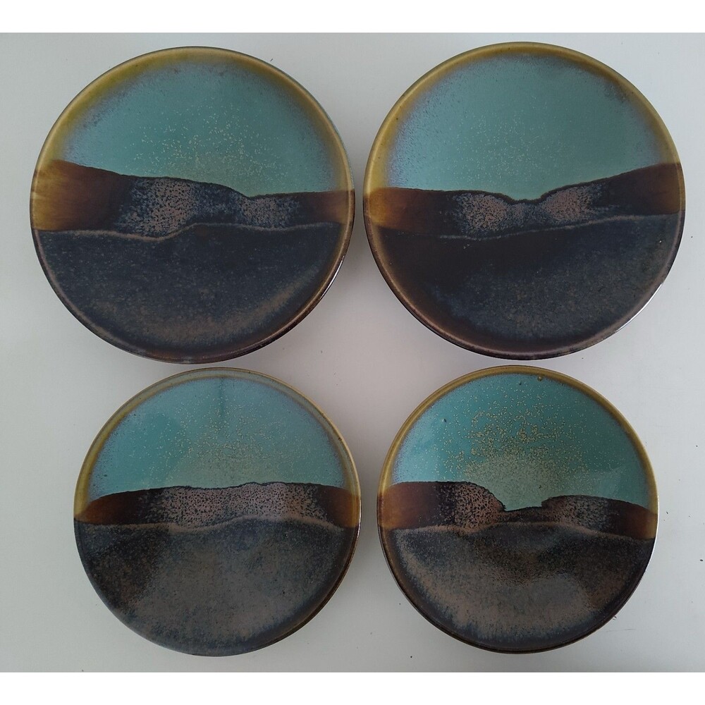 4 Colorful Art Plates Earth Tone Stoneware Pottery Plate Mountain Design